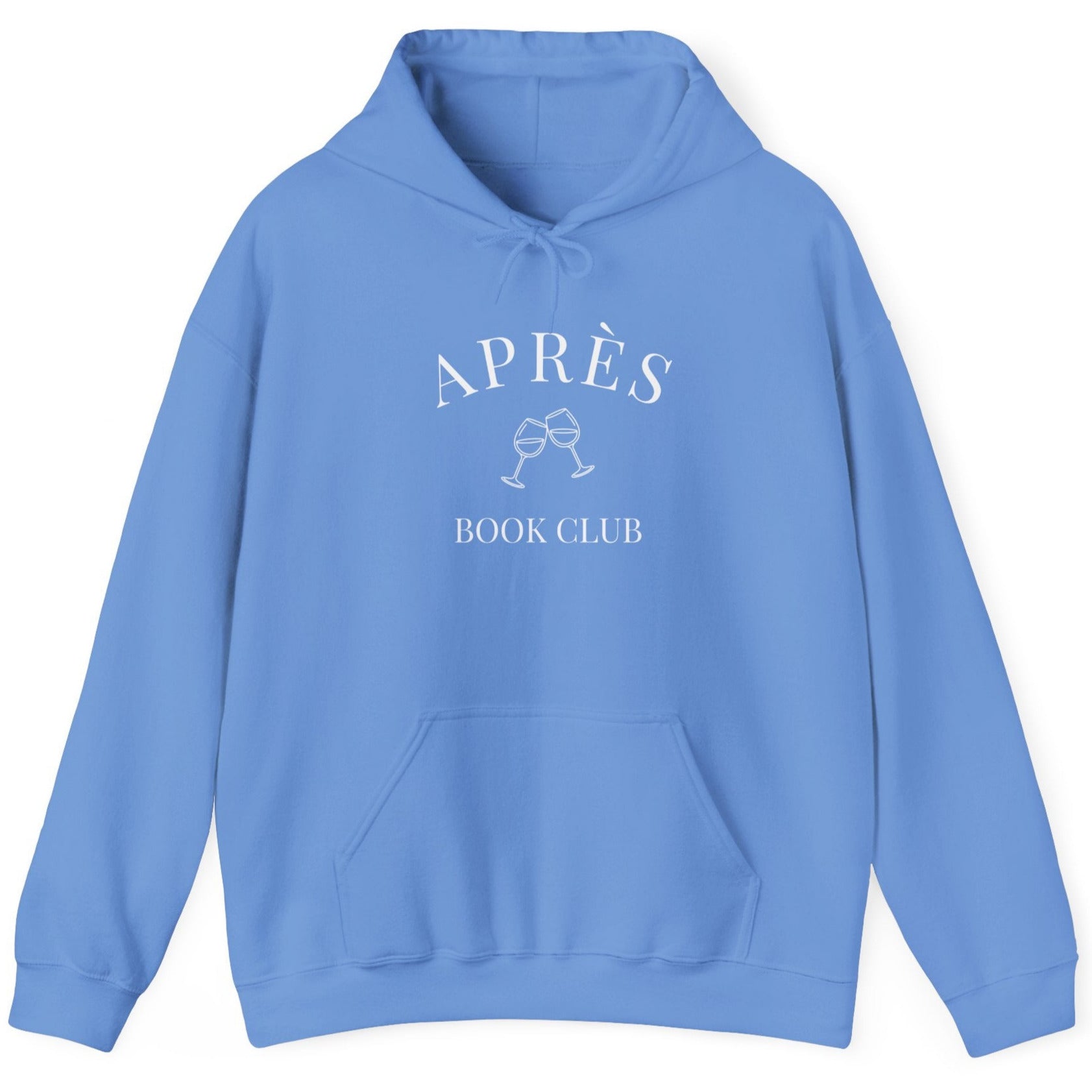 Blue hoodie with 'APRèS BOOK CLUB' text on a white background