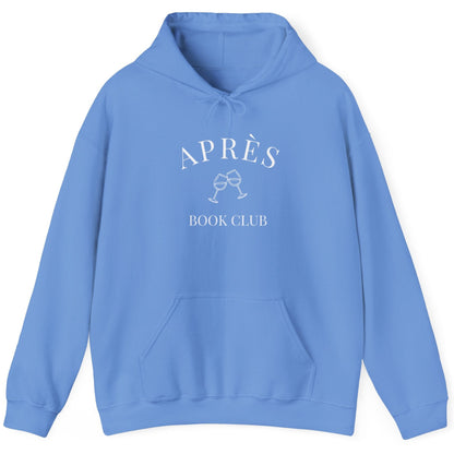 Blue hoodie with 'APRèS BOOK CLUB' text on a white background
