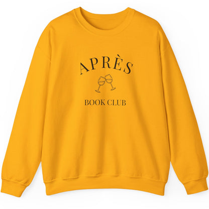 Yellow sweatshirt with 'APRèS BOOK CLUB' text on a white background