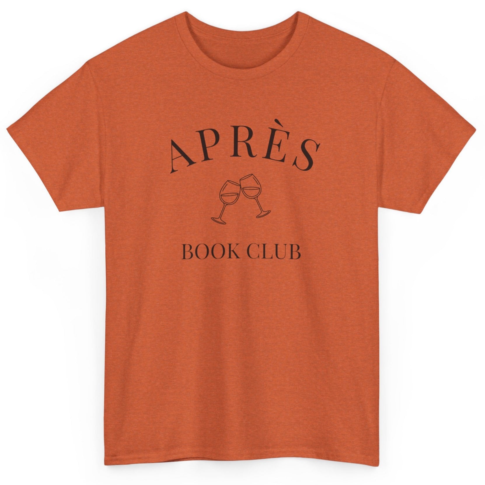 Orange t-shirt with 'APRÈS BOOK CLUB' text and wine glass graphics on a white background