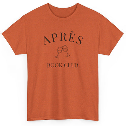 Orange t-shirt with 'APRÈS BOOK CLUB' text and wine glass graphics on a white background