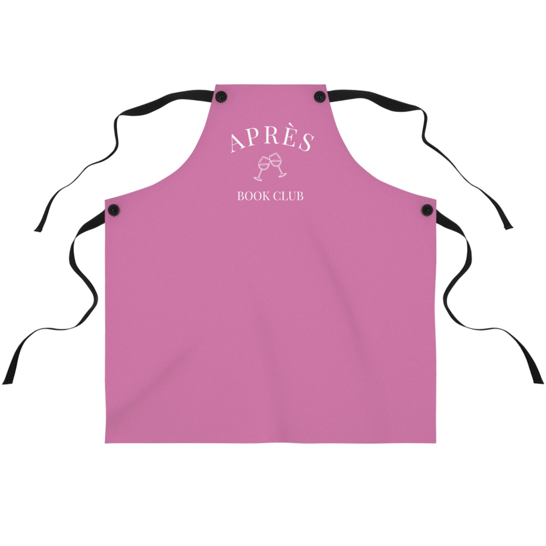 Pink apron with 'APRÈS BOOK CLUB' text on a white background