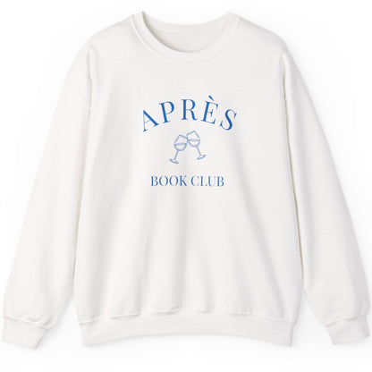 White sweatshirt with 'APRèS BOOK CLUB' text and graphic on a white background