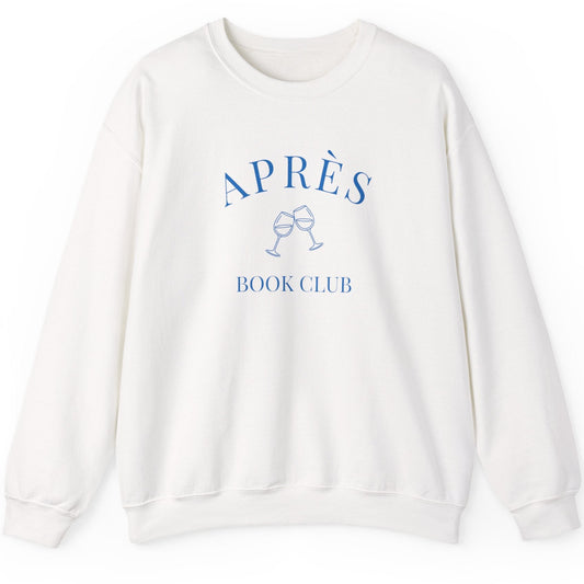 White sweatshirt with 'APRèS BOOK CLUB' text and graphic on a white background
