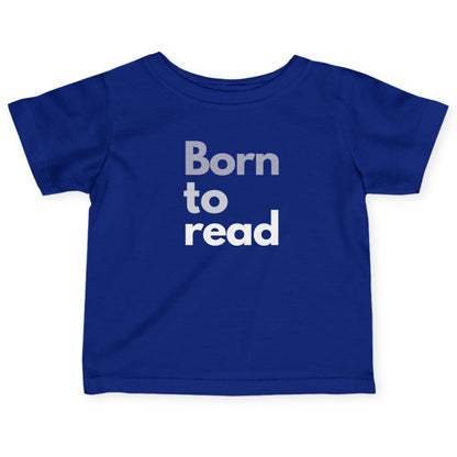 Blue t-shirt with 'Born to read' text on a white background