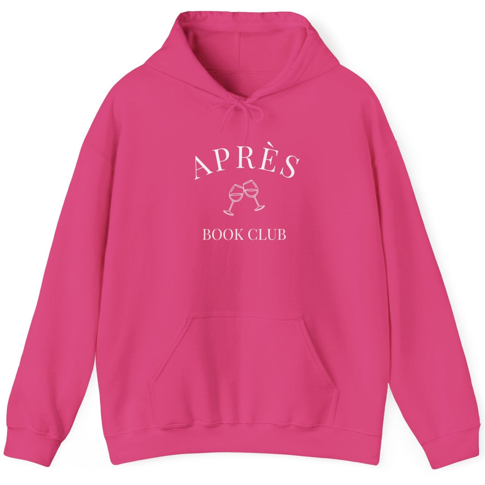 Pink hoodie with 'APRÈS BOOK CLUB' text and graphic on a white background