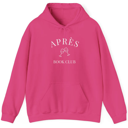 Pink hoodie with 'APRÈS BOOK CLUB' text and graphic on a white background