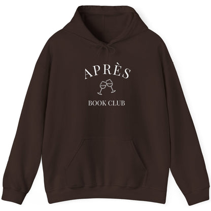 Brown hoodie with 'APRèS BOOK CLUB' text and graphic on a white background