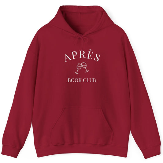 Red hoodie with 'APRèS BOOK CLUB' text and graphic on a white background