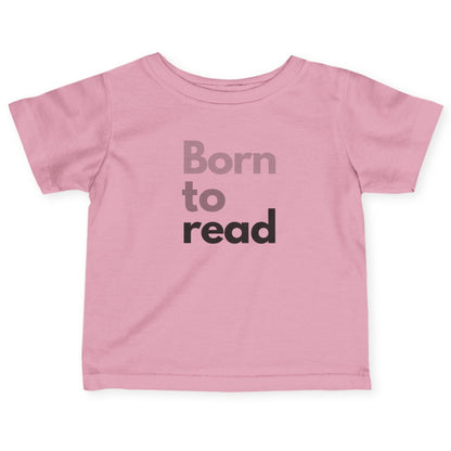 Pink t-shirt with 'Born to read' text on a white background