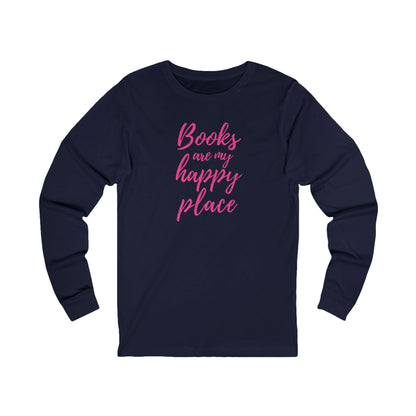 Navy blue long-sleeve shirt with 'Books are my happy place' text in pink on a white background