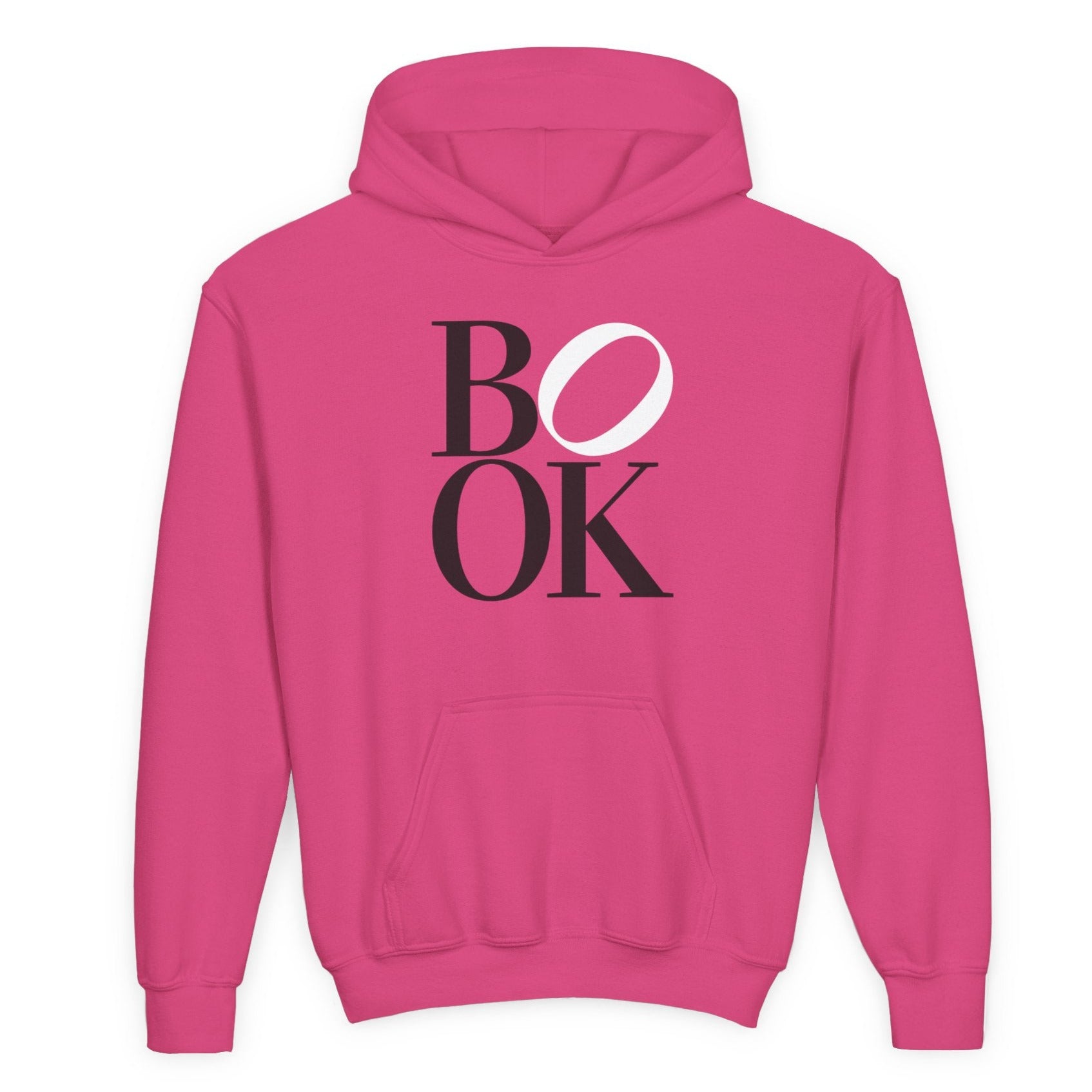 Pink hoodie with 'BOOK' text on a white background