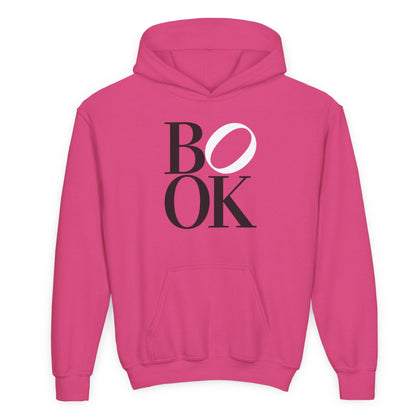 Pink hoodie with 'BOOK' text on a white background