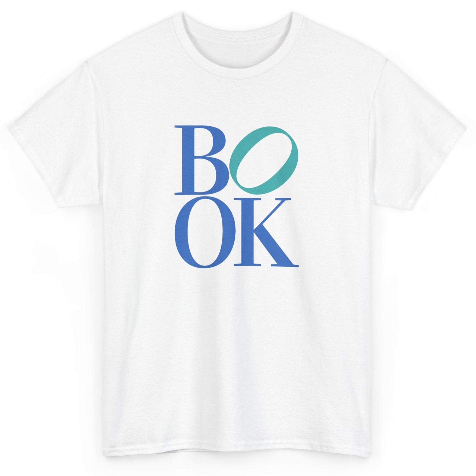White t-shirt with 'BOOK' printed in blue and green on a white background