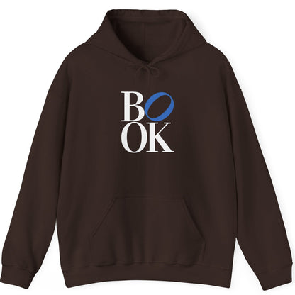 Brown hoodie with 'BOOK' text on a white background