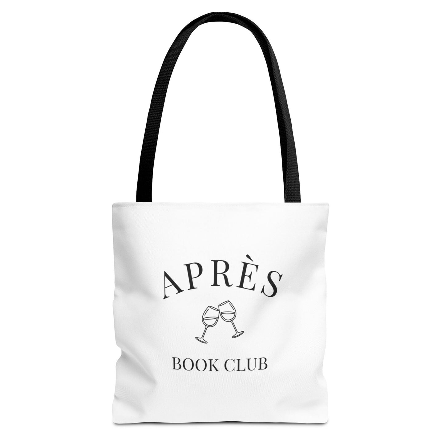 White tote bag with 'APRÈS BOOK CLUB' text and wine glass graphics on a white background