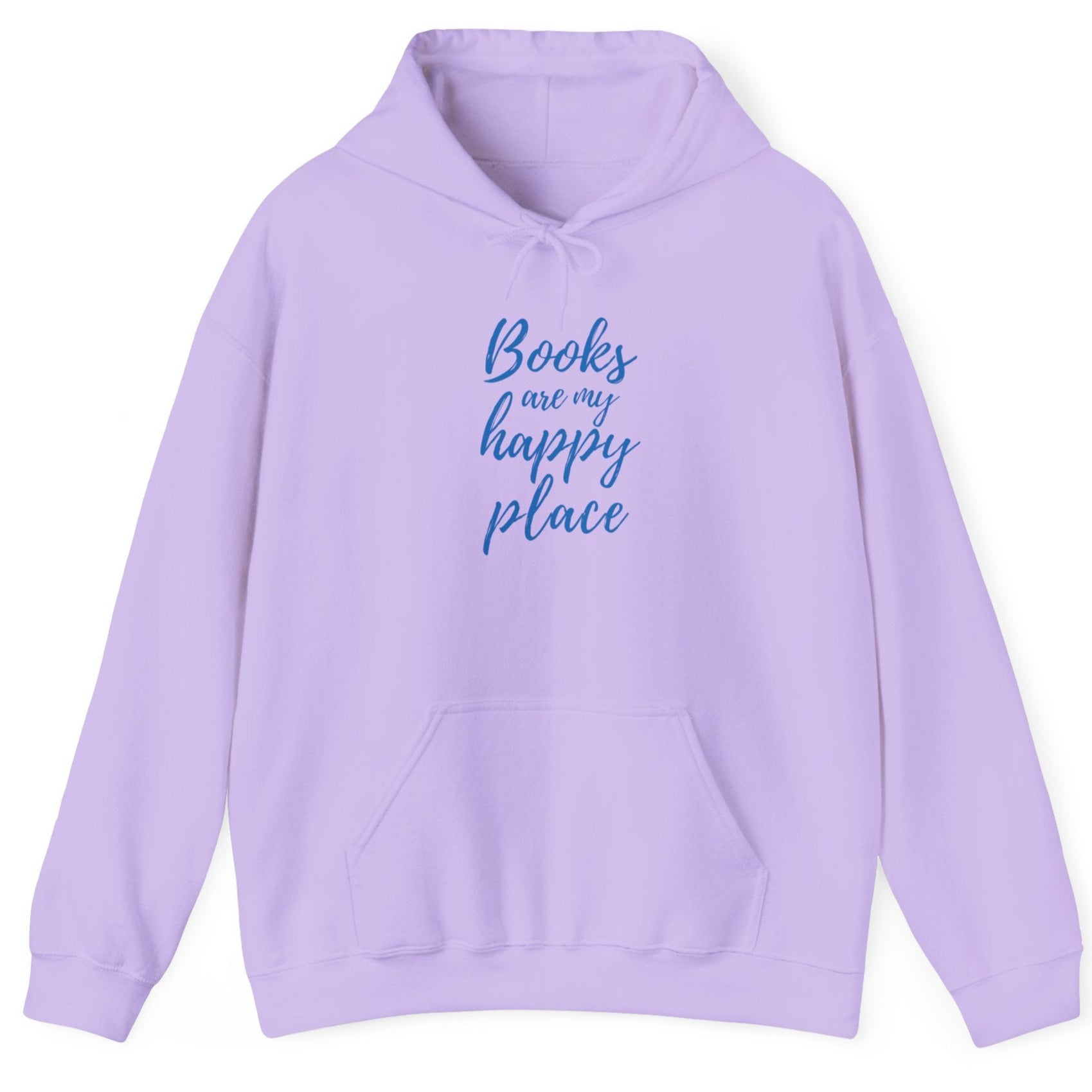 Lavender hoodie with 'Books are my happy place' text on a white background
