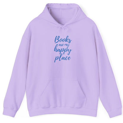 Lavender hoodie with 'Books are my happy place' text on a white background