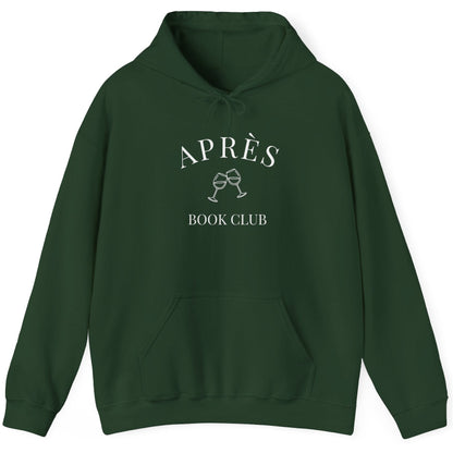 Green hoodie with 'APRèS BOOK CLUB' text on a white background