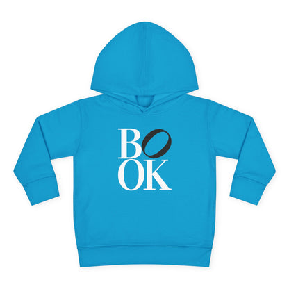 Blue hoodie with 'BOOK' printed on it against a white background