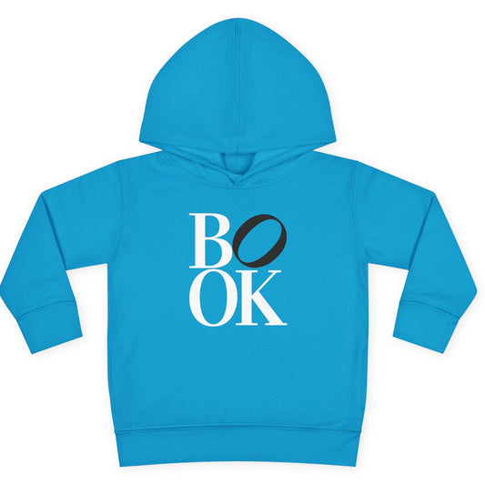 Blue hoodie with 'BOOK' printed on it against a white background