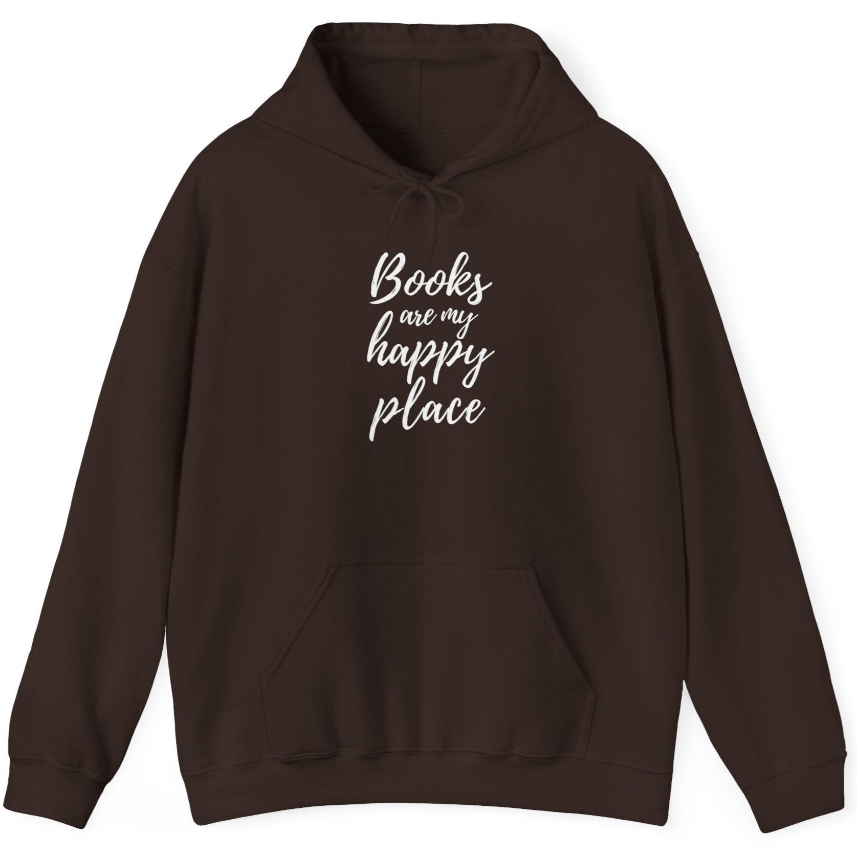 Brown hoodie with 'Books are my happy place' text on a white background
