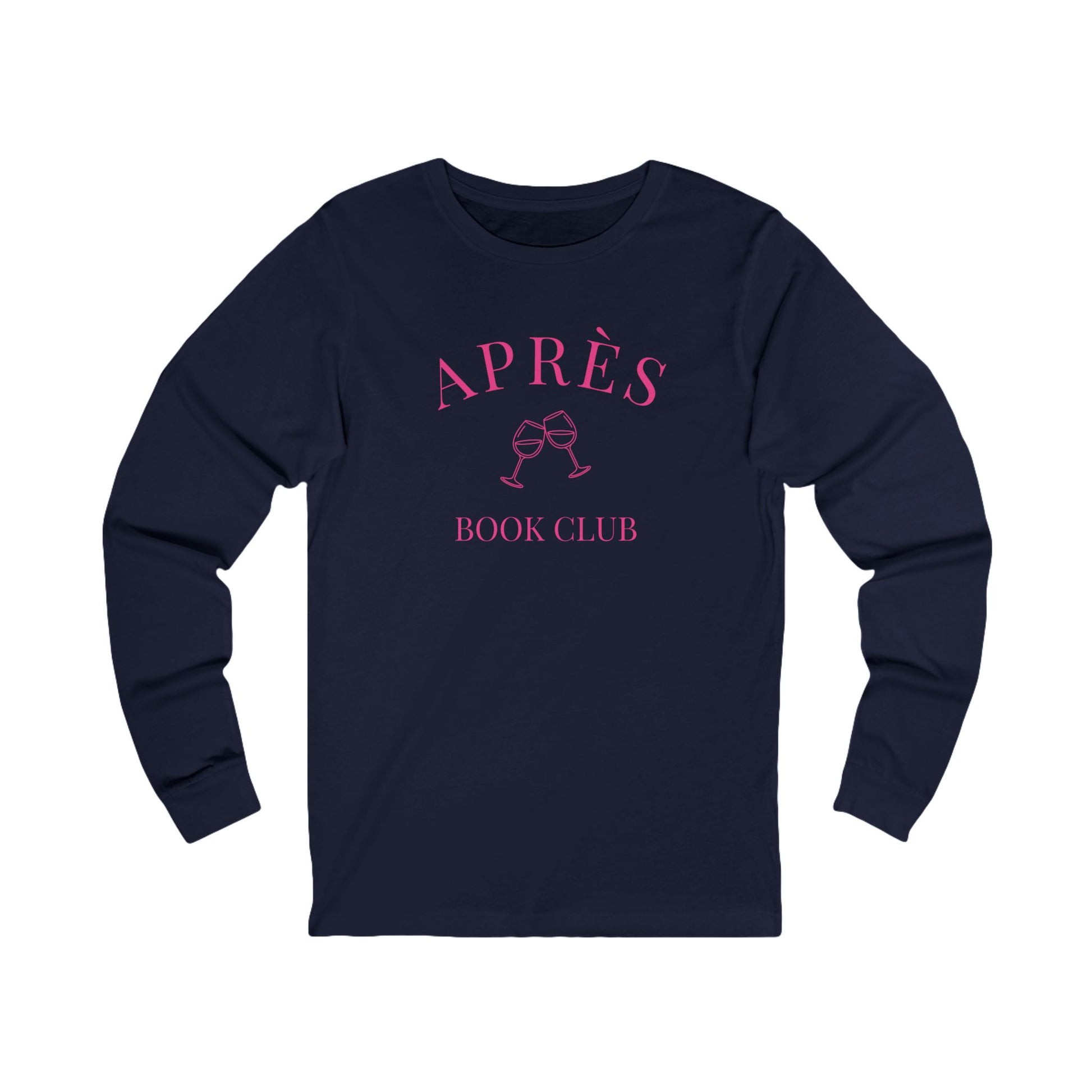 Navy blue long-sleeve shirt with pink 'APRèS BOOK CLUB' text and wine glass graphic on a white background