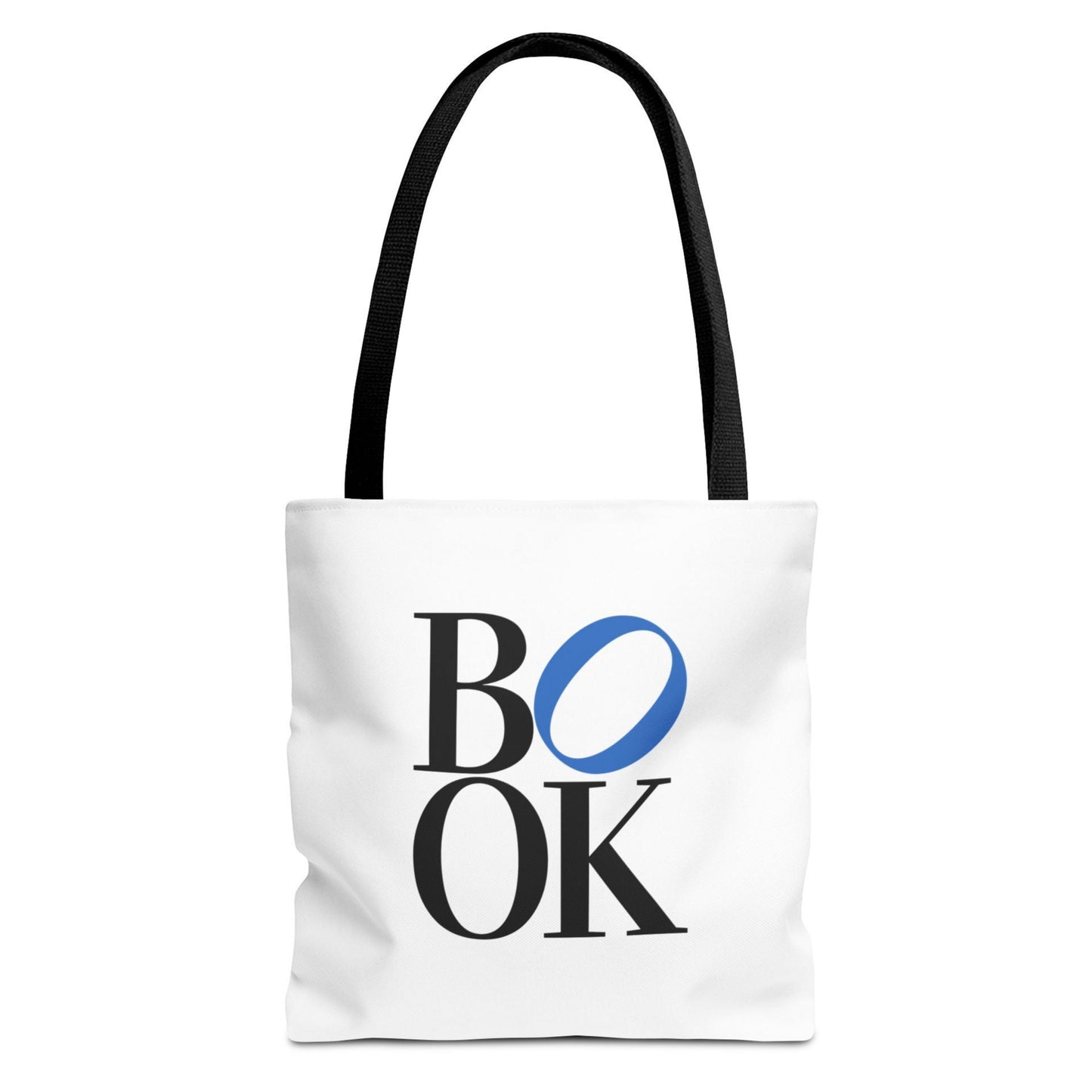 White tote bag with 'BOOK' text and black handle on a white background
