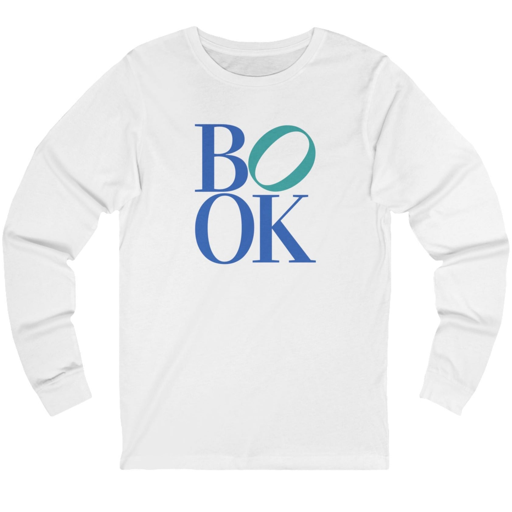 White long-sleeve shirt with 'BOOK' text in blue and green on a white background