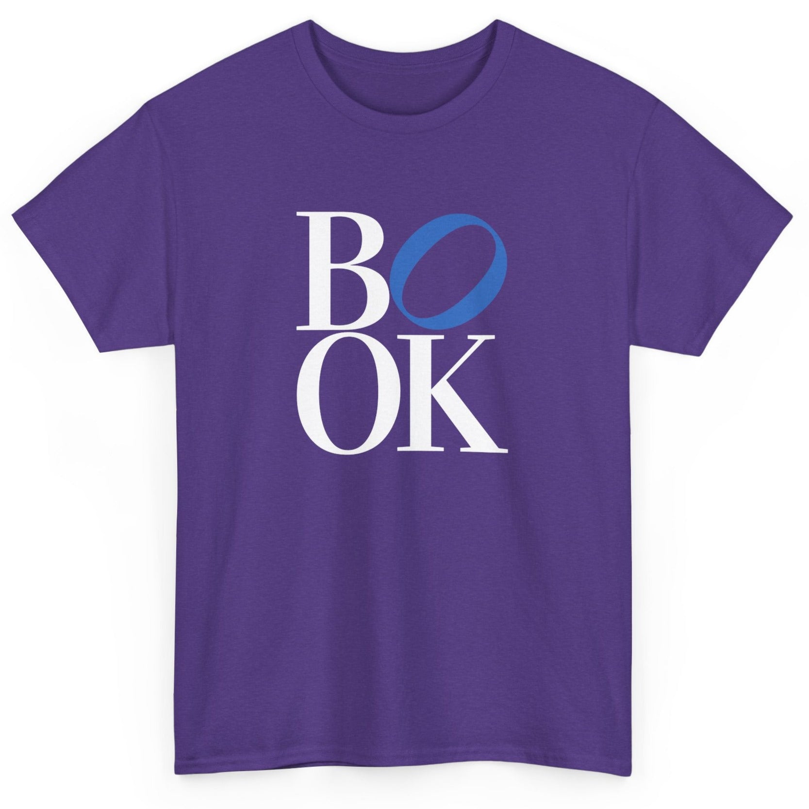 Purple t-shirt with 'BOOK' text design on a white background