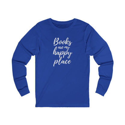 Blue long-sleeve shirt with 'Books are my happy place' text on a white background