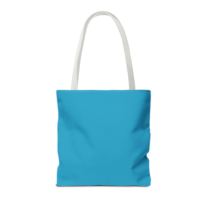 Blue tote bag with a white handle on a white background