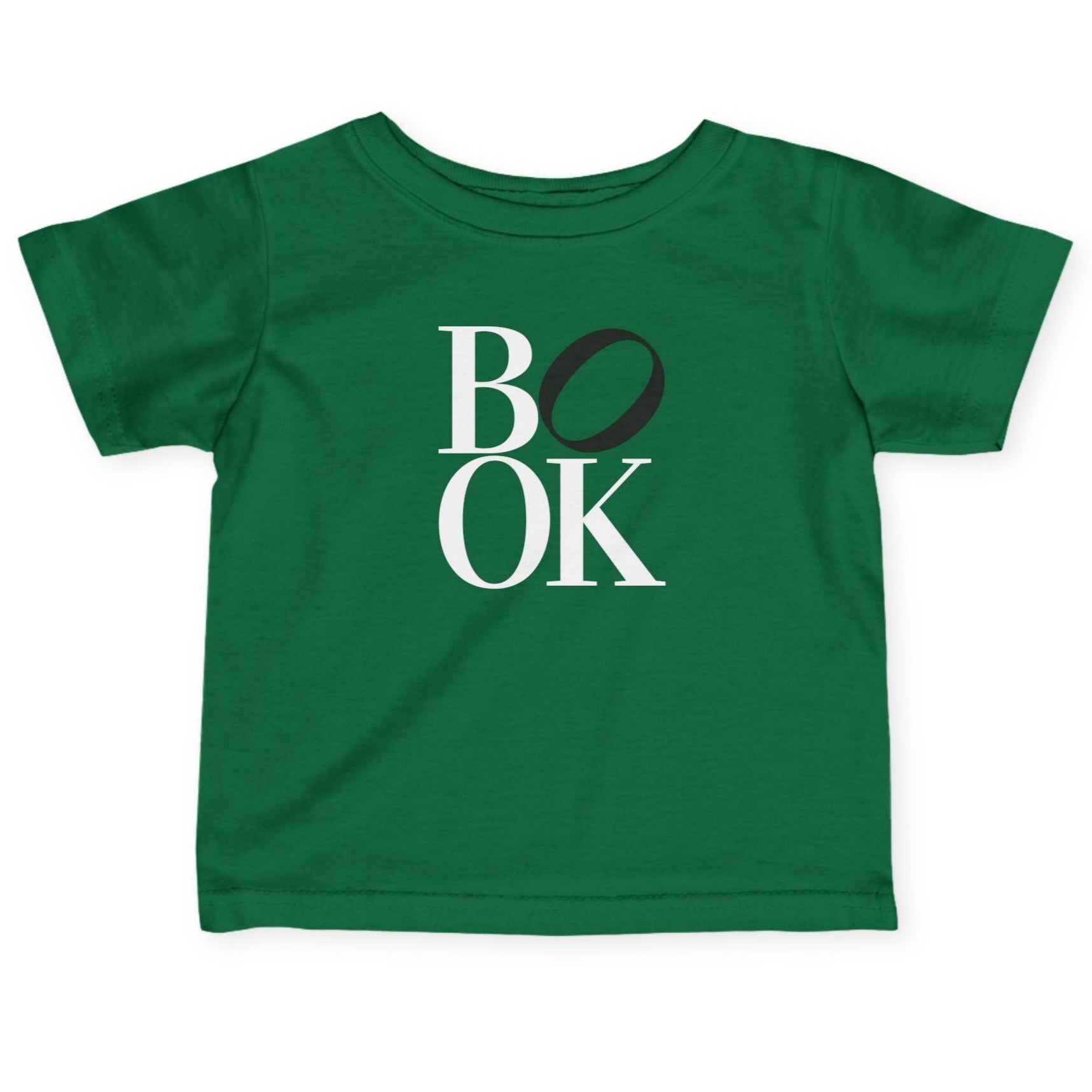 Green t-shirt with 'BOOK' printed on it against a white background
