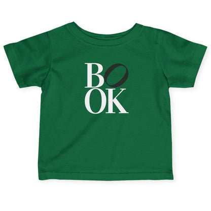 Green t-shirt with 'BOOK' printed on it against a white background
