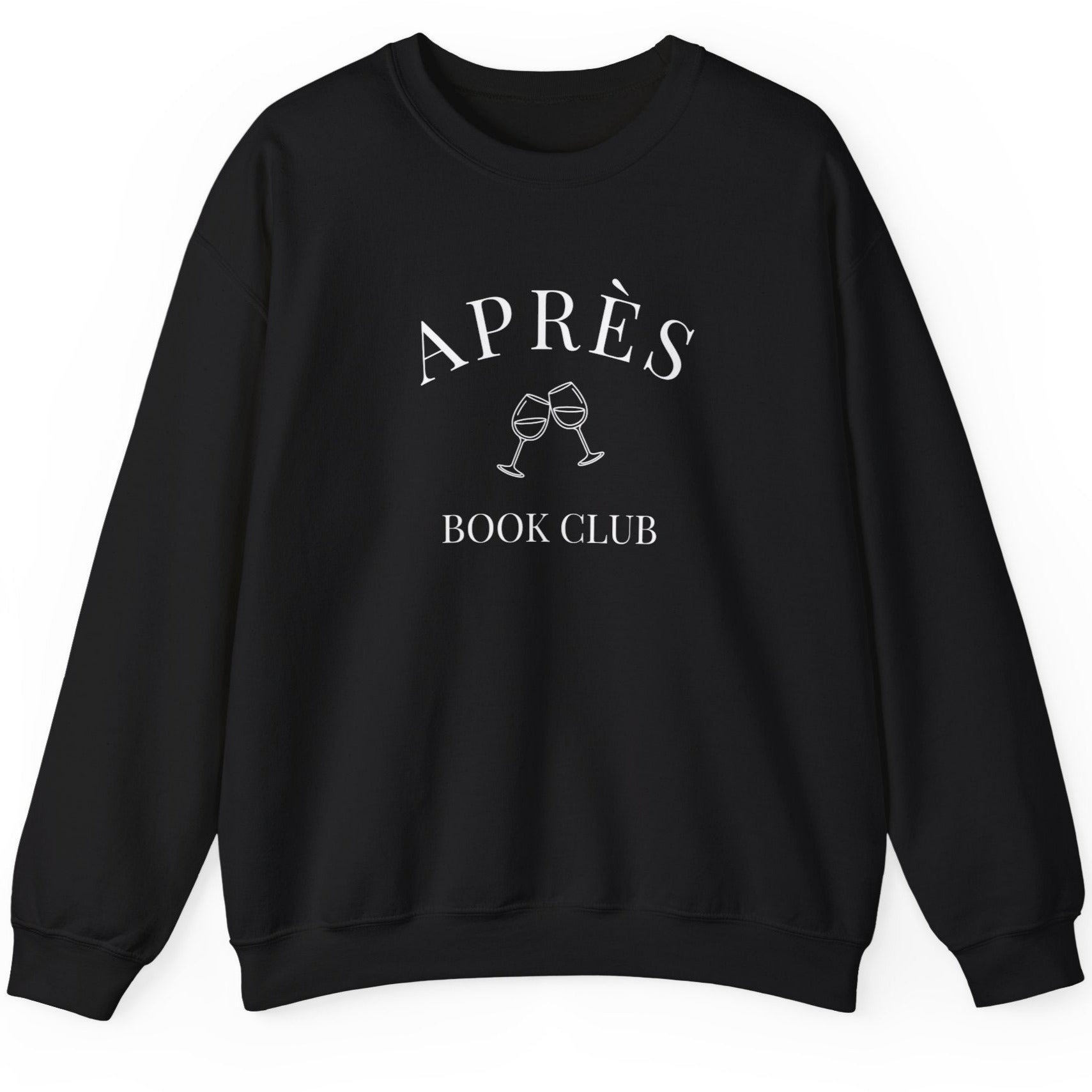 Black sweatshirt with 'APRèS BOOK CLUB' text and graphic on a white background