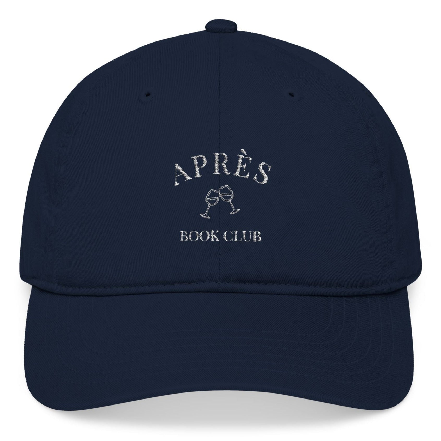 Navy blue cap with 'APRÈS BOOK CLUB' text on a white background
