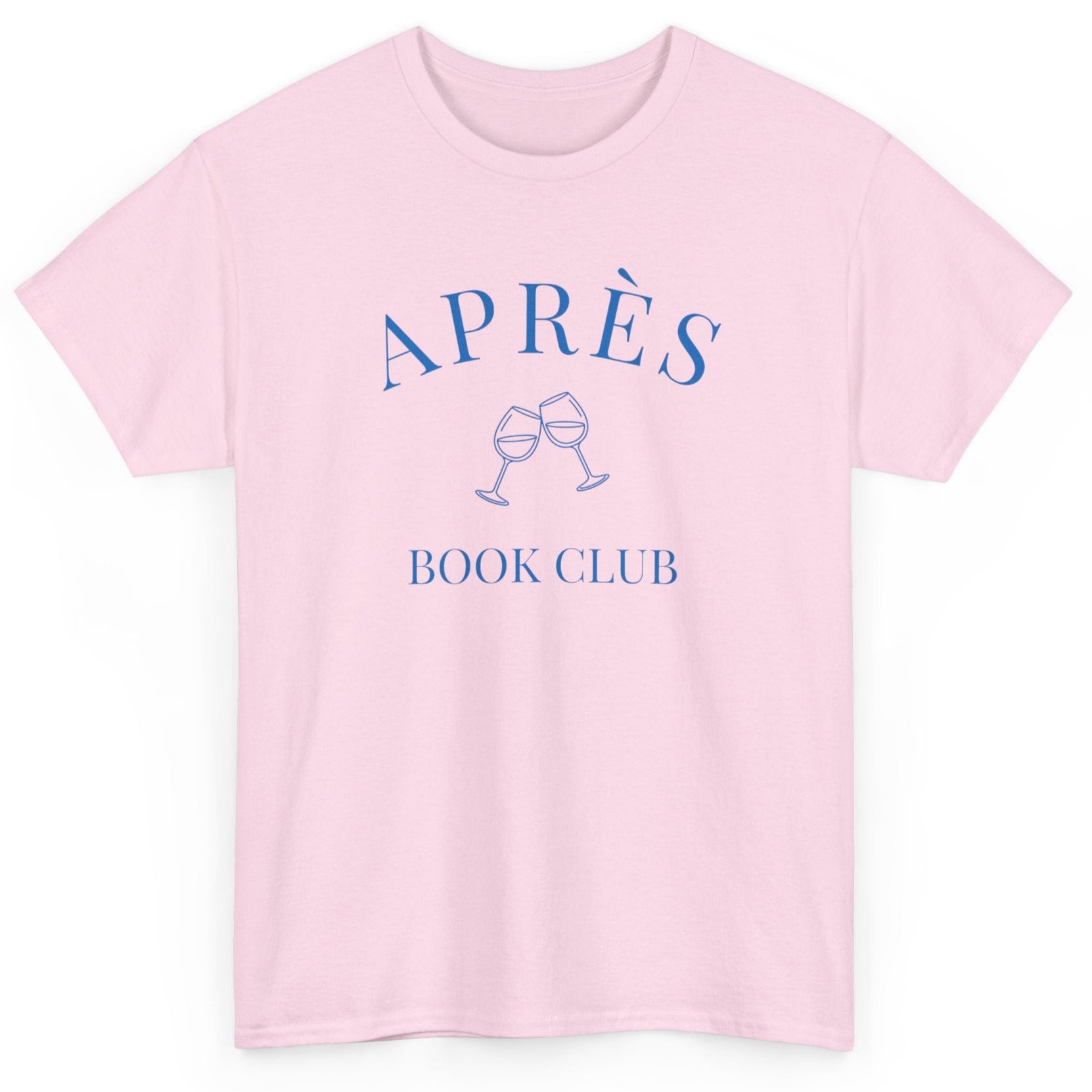 Pink t-shirt with 'APRÈS BOOK CLUB' text and wine glass graphics on a white background