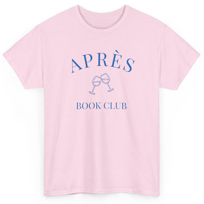 Pink t-shirt with 'APRÈS BOOK CLUB' text and wine glass graphics on a white background