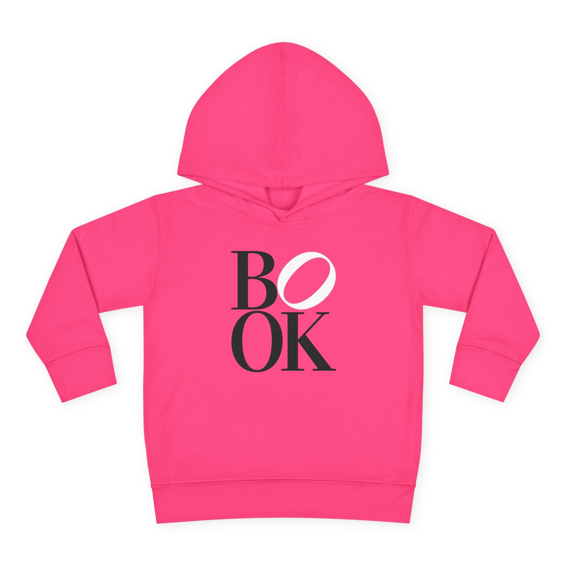 Pink hoodie with 'BOOK' printed on it against a white background