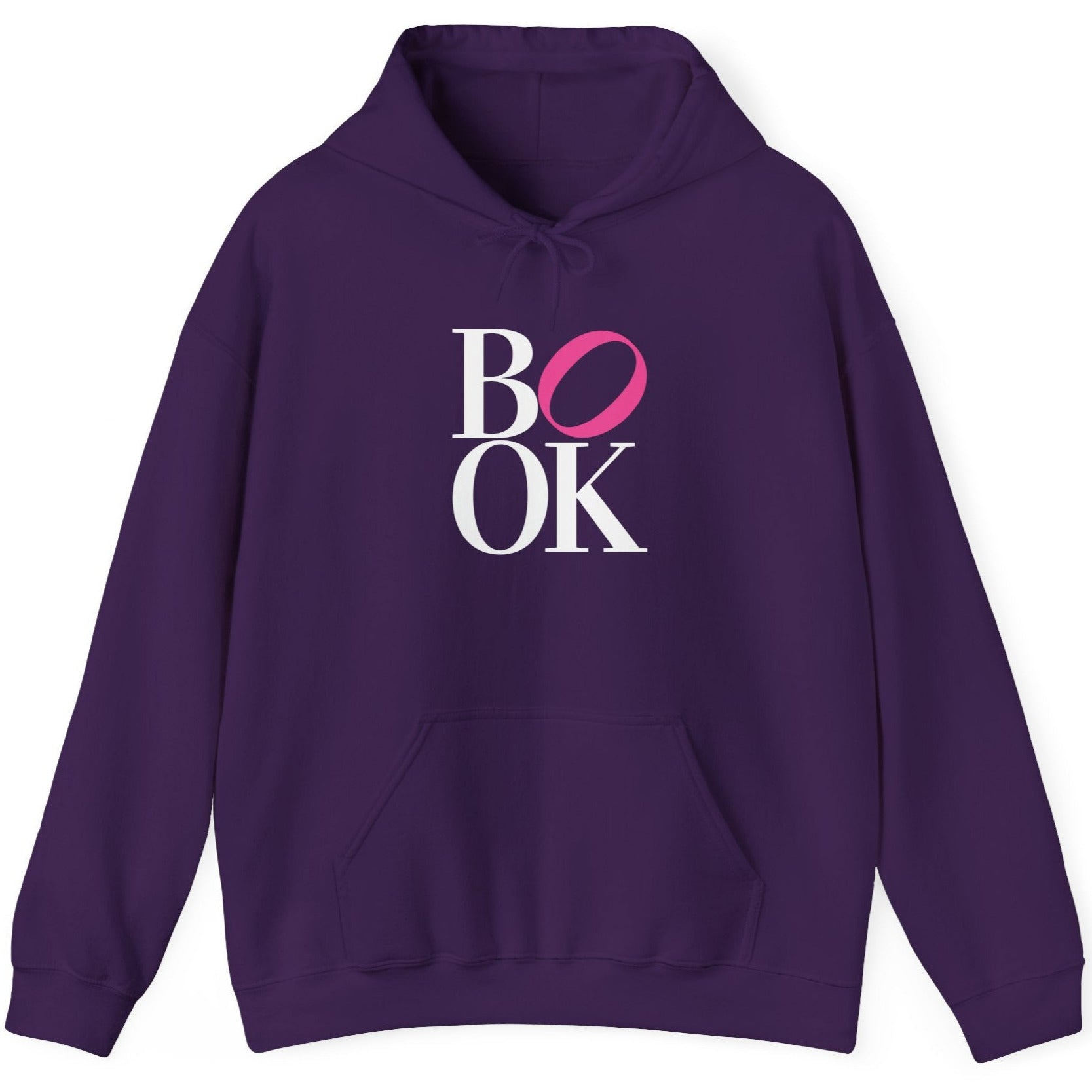 Purple hoodie with 'BOOK' text design on a white background