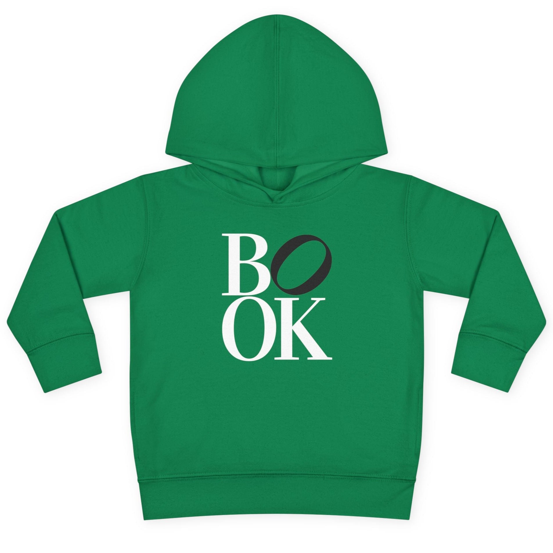 Green hoodie with 'BOOK' text on a white background