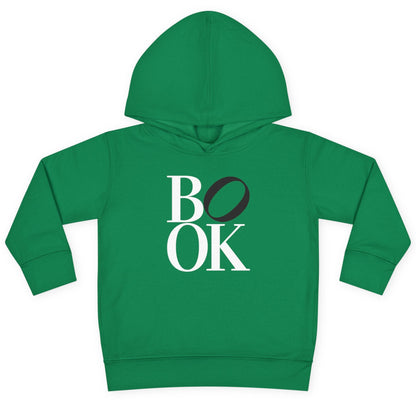 Green hoodie with 'BOOK' text on a white background