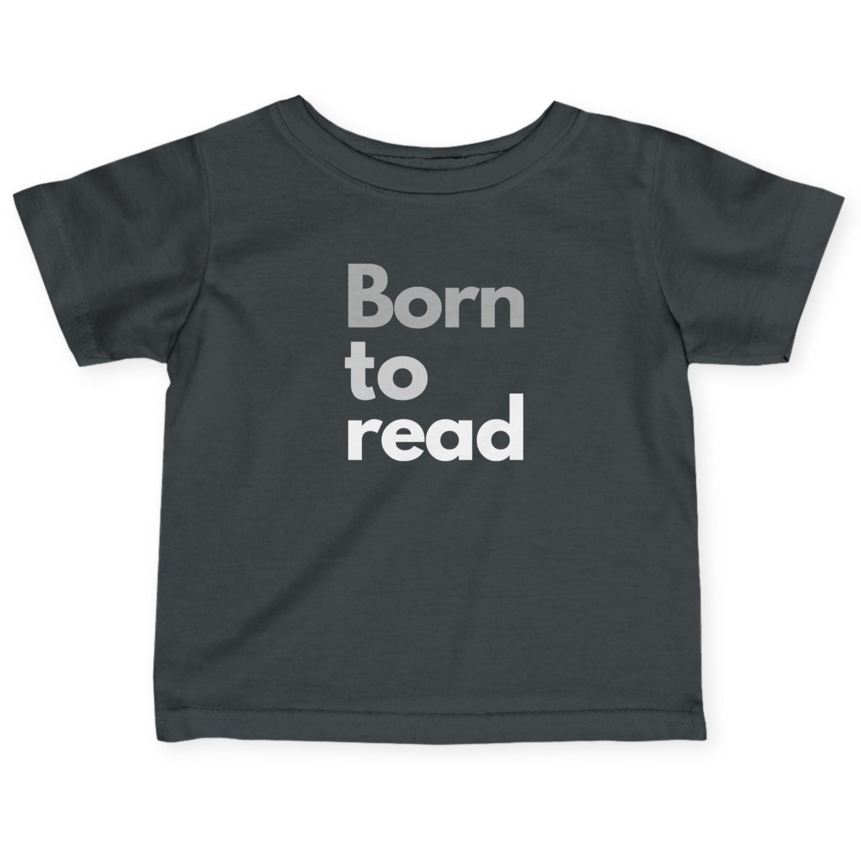 Black t-shirt with 'Born to read' text on a white background