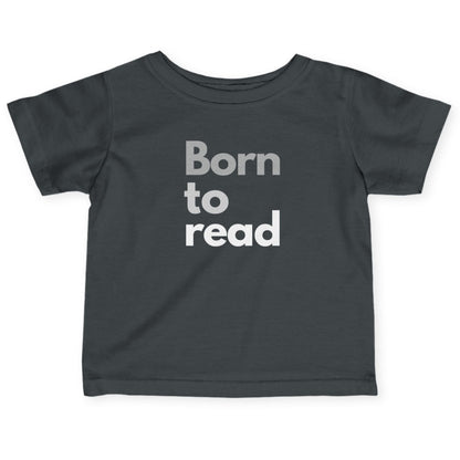 Black t-shirt with 'Born to read' text on a white background