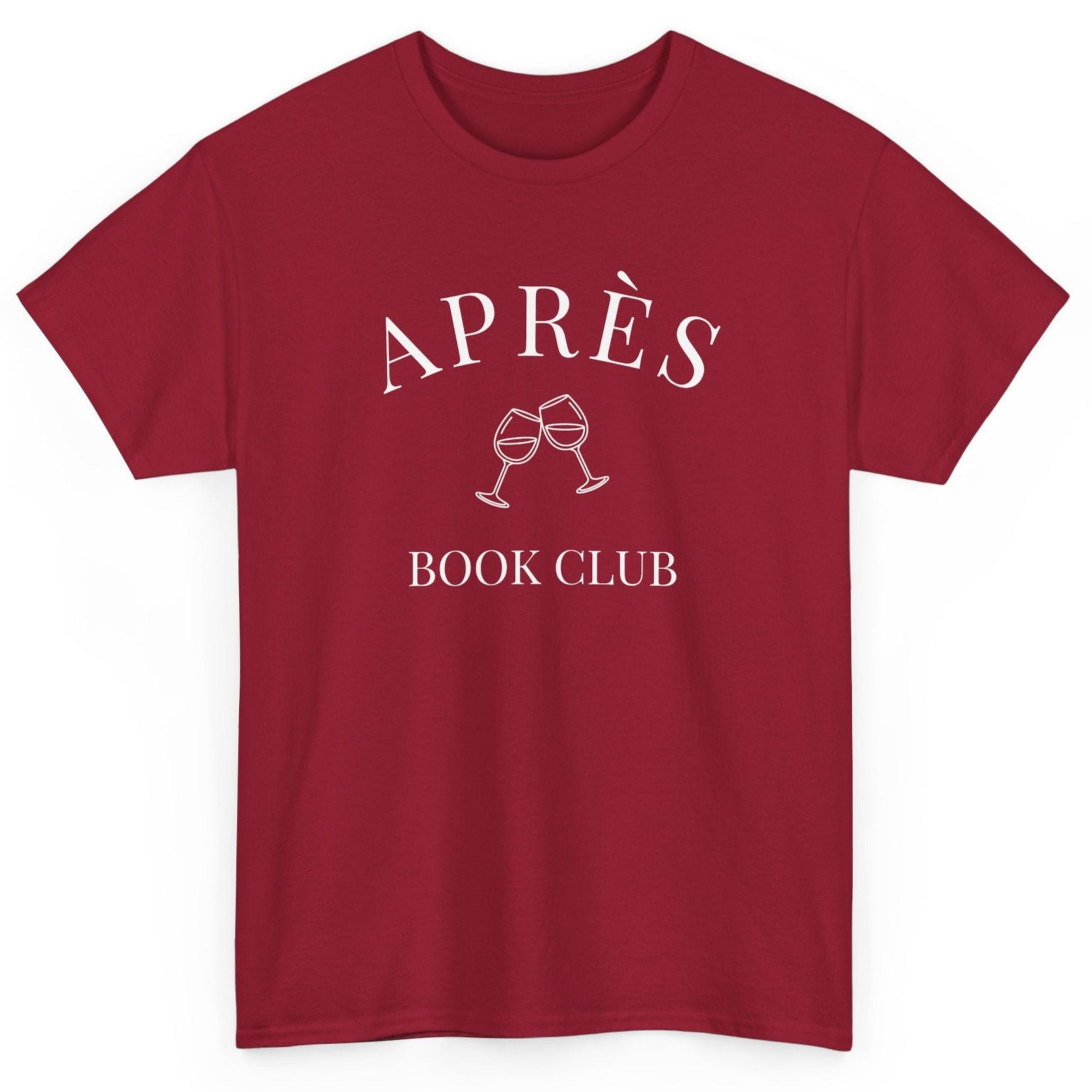 Red t-shirt with 'APRÈS BOOK CLUB' text and sunglasses graphic on a white background