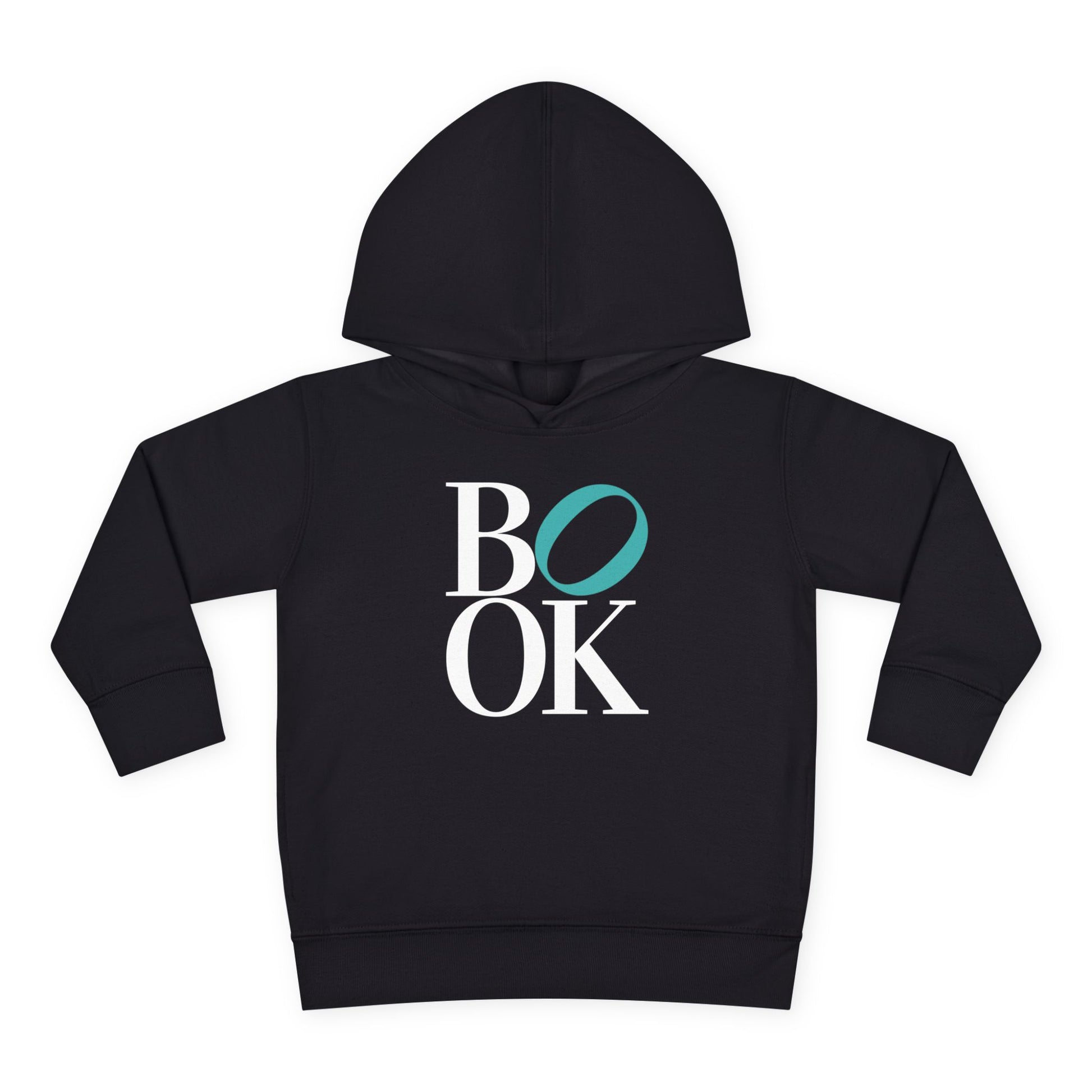Black hoodie with 'BOOK' text design on a white background