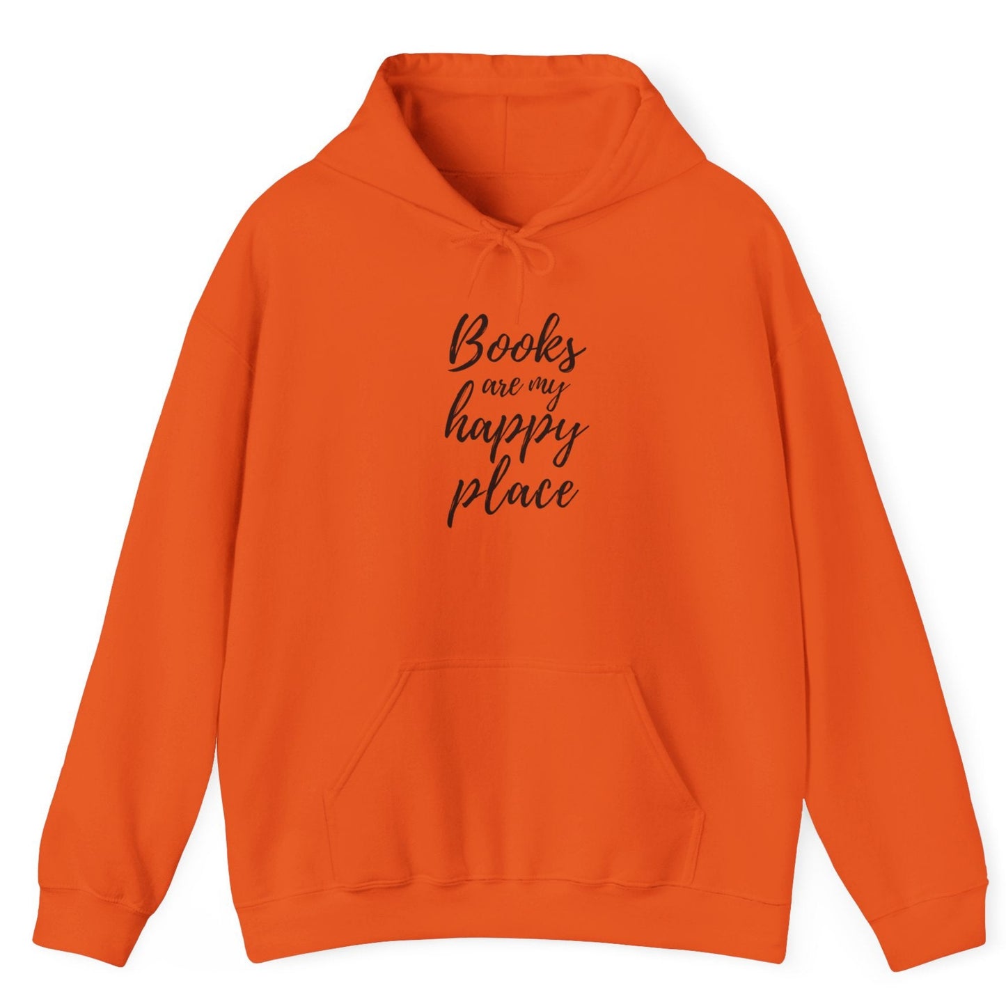 Orange hoodie with 'Books are my happy place' text on a white background