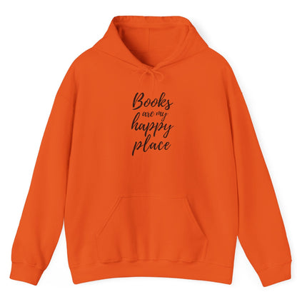 Orange hoodie with 'Books are my happy place' text on a white background