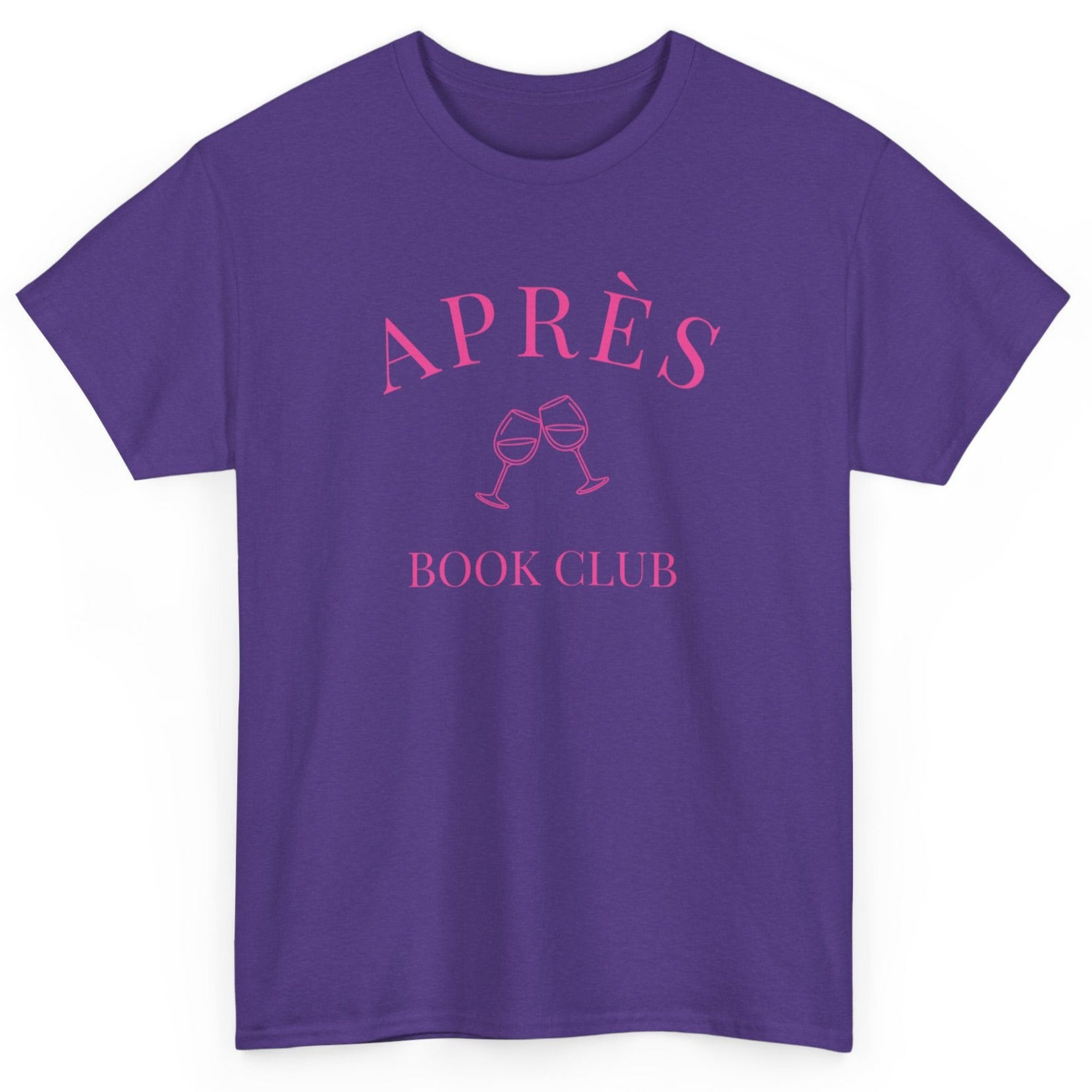 Purple t-shirt with pink 'APRÈS BOOK CLUB' text on a white background