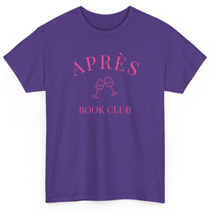 Purple t-shirt with pink 'APRÈS BOOK CLUB' text on a white background